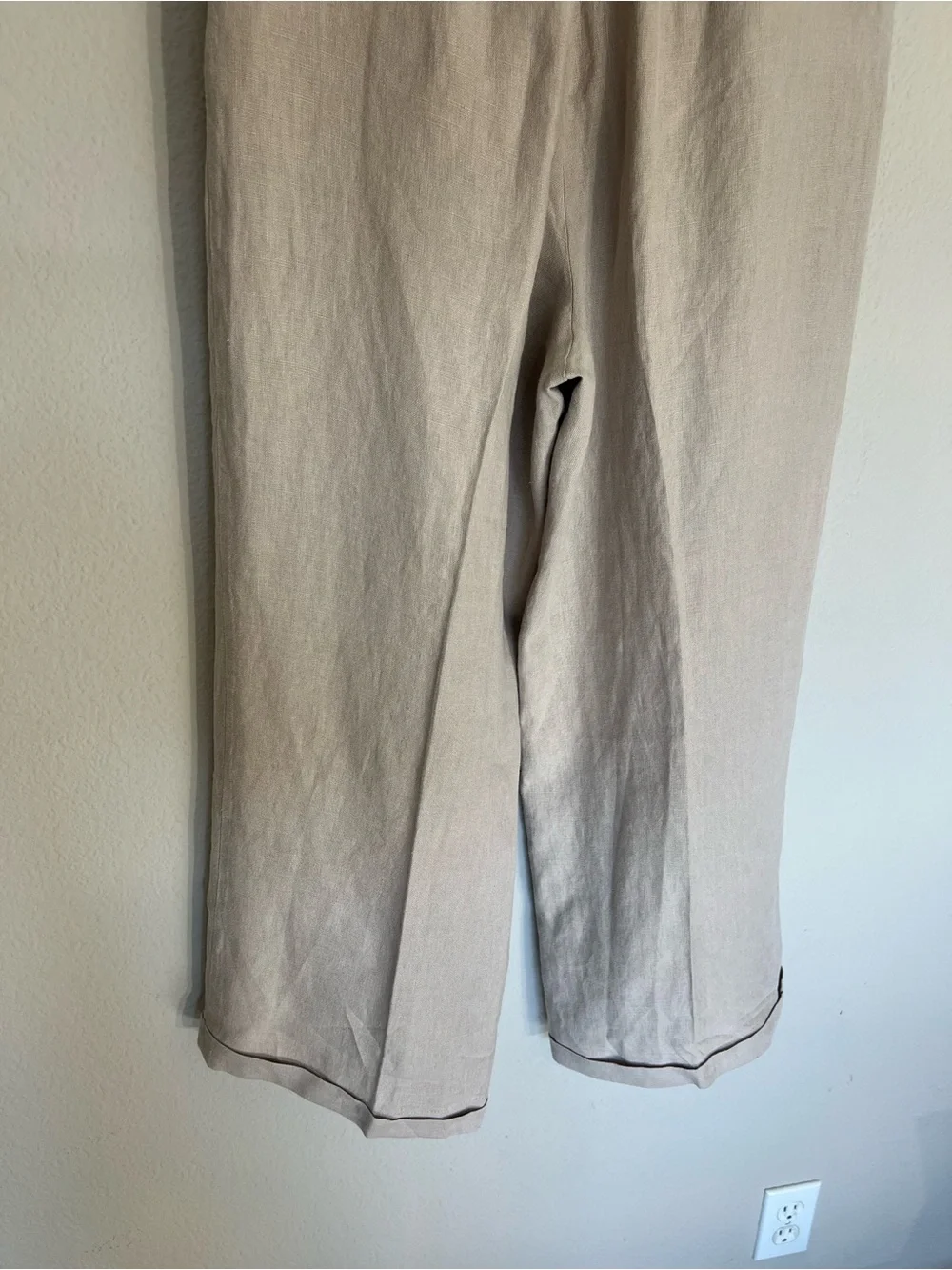 Free People Lyla wide leg cuffed linen trouser low slung pants beige 6 coastal